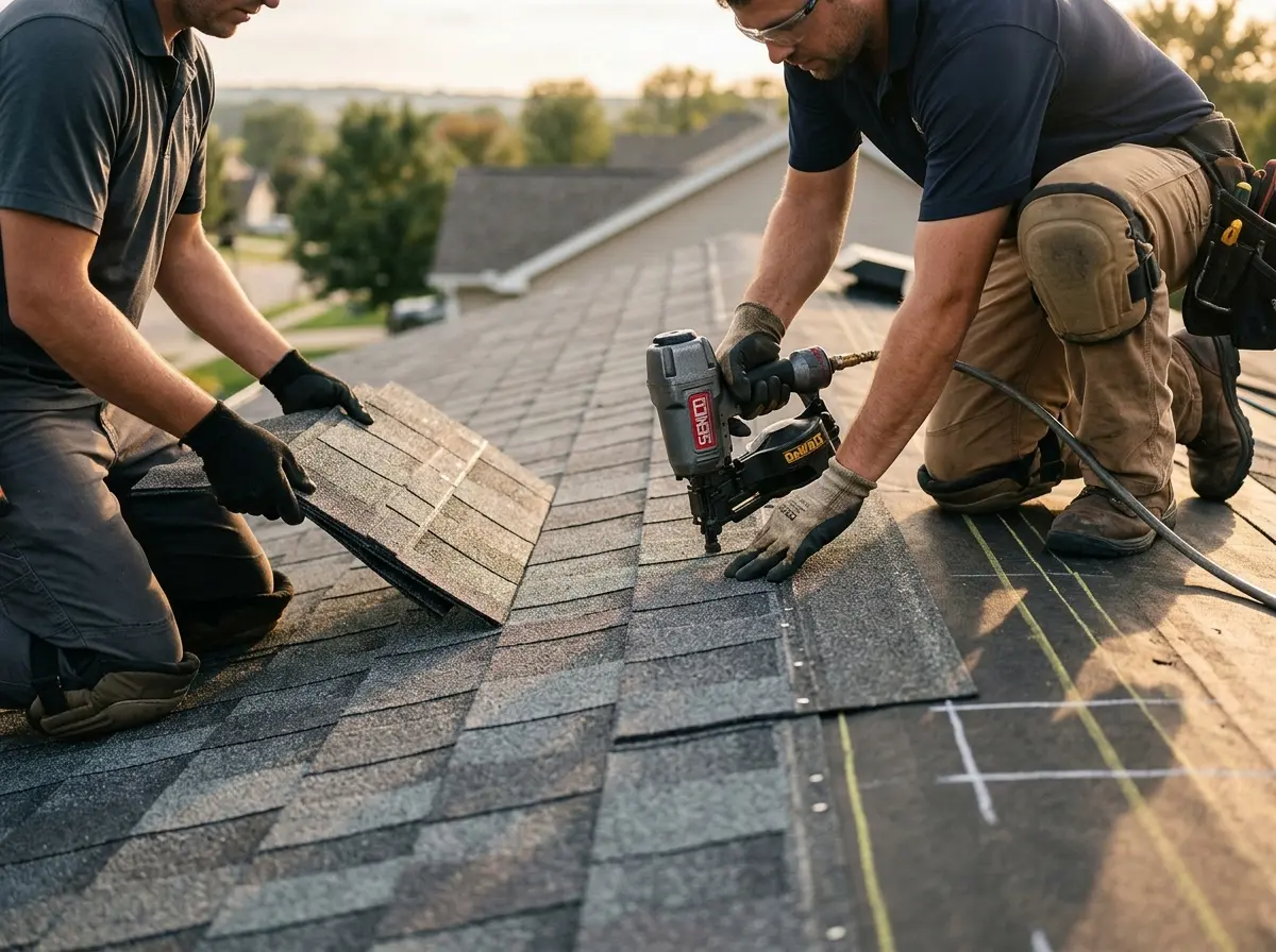 Professional roofer working on a residential roof in Morrilton